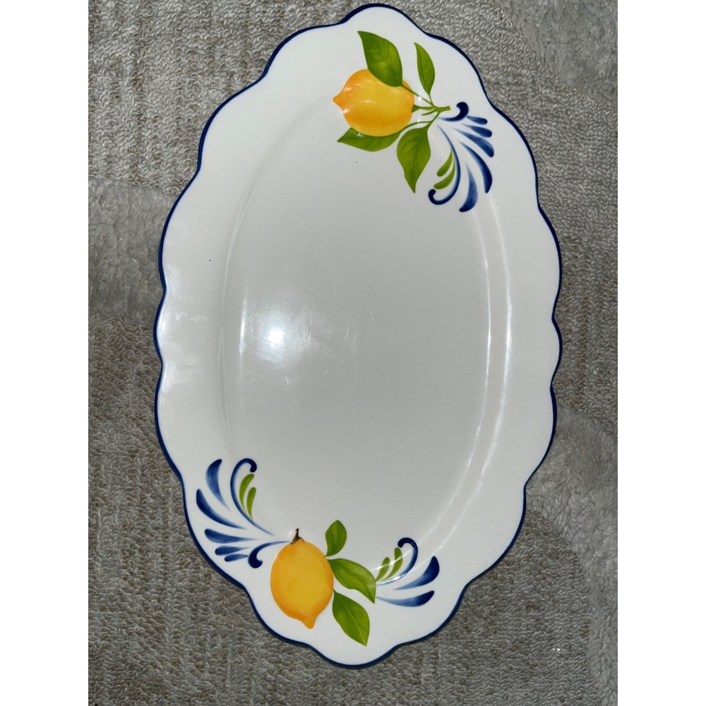 Muchoise Lemon Stoneware Serving Tray Scalloped Oval Platter Blue White Citrus